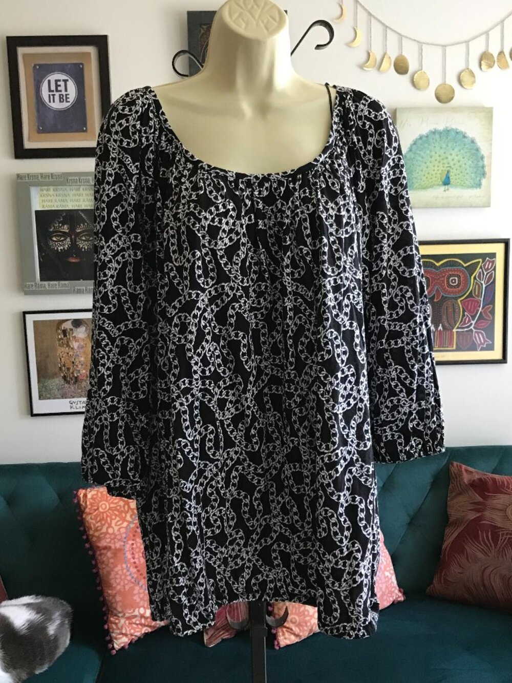 MICHAEL Michael Kors size 2X Black & White Chain Print 3/4 Sleeve Blouse Top
